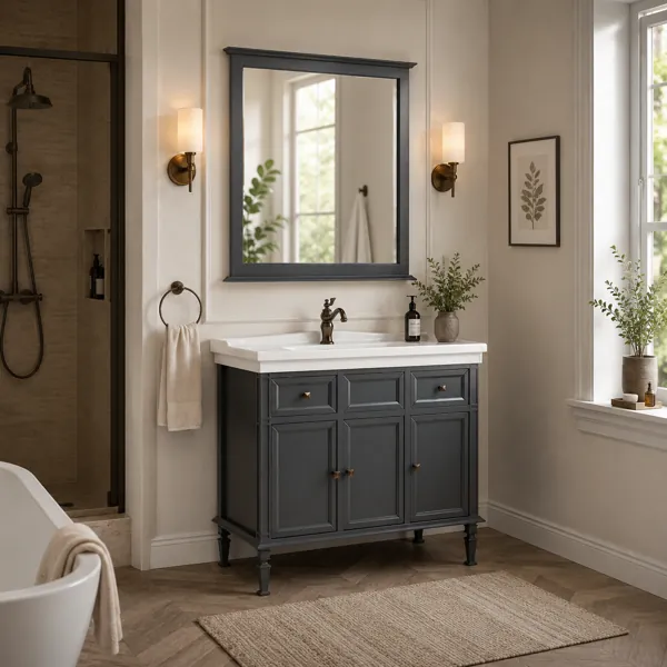 Classic Gray Bathroom Vanity with Mirror back