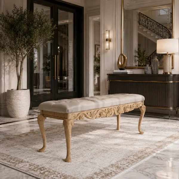 Carved Wood Upholstered Bench back